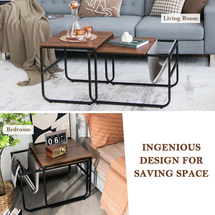 Nesting Coffee Table Set of 2 Industrial Stackable Side Table w/ Magazine Holder Image 9