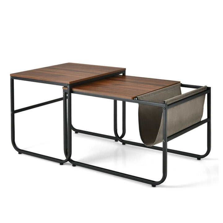 Nesting Coffee Table Set of 2 Industrial Stackable Side Table w/ Magazine Holder Image 10