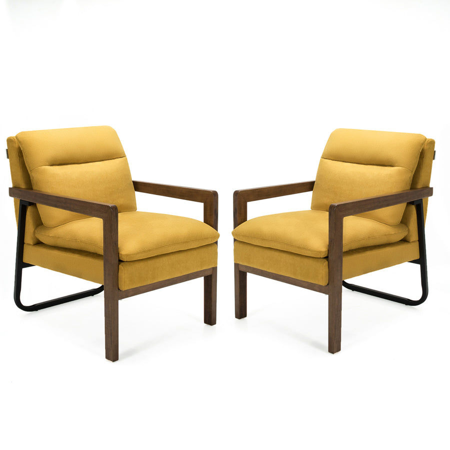 Set of 2 Single Sofa Chair Leisure Accent Chair w/ Wooden Armrests and Legs Yellow Image 1