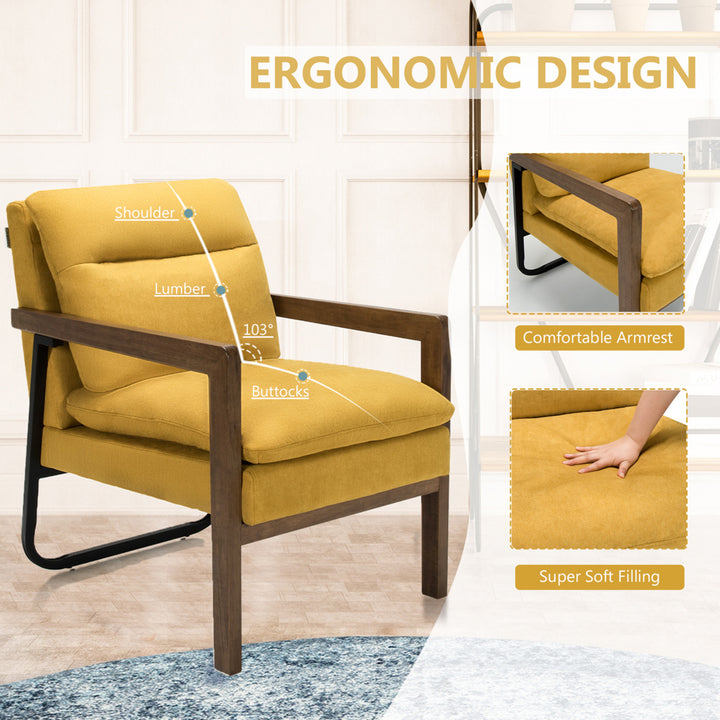 Set of 2 Single Sofa Chair Leisure Accent Chair w/ Wooden Armrests and Legs Yellow Image 8