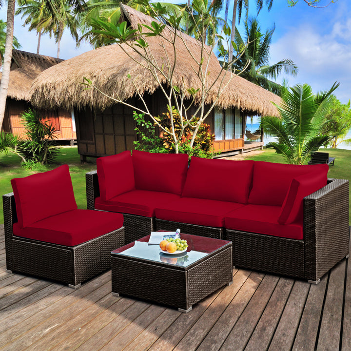 5PCS Rattan Patio Conversation Set Sofa Furniture Set w/ Red Cushions Image 1