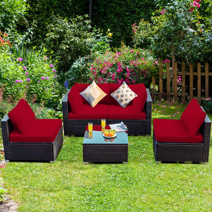 5PCS Rattan Patio Conversation Set Sofa Furniture Set w/ Red Cushions Image 3