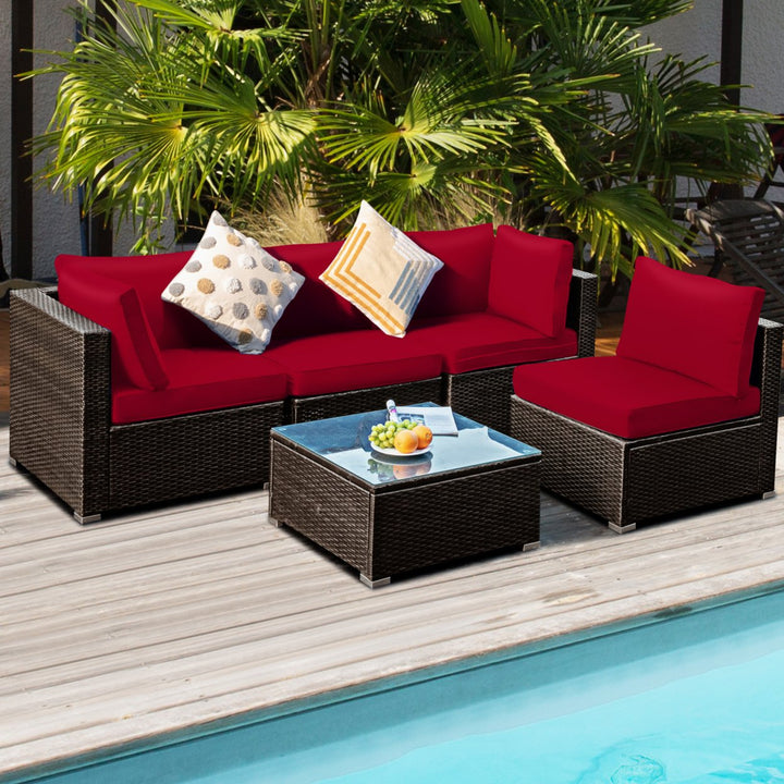 5PCS Rattan Patio Conversation Set Sofa Furniture Set w/ Red Cushions Image 4