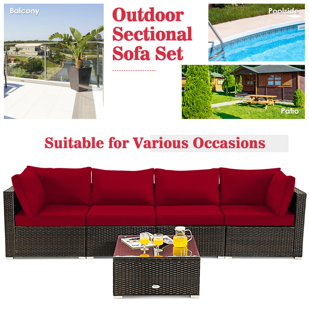 5PCS Rattan Patio Conversation Set Sofa Furniture Set w/ Red Cushions Image 6