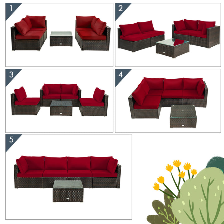 5PCS Rattan Patio Conversation Set Sofa Furniture Set w/ Red Cushions Image 7