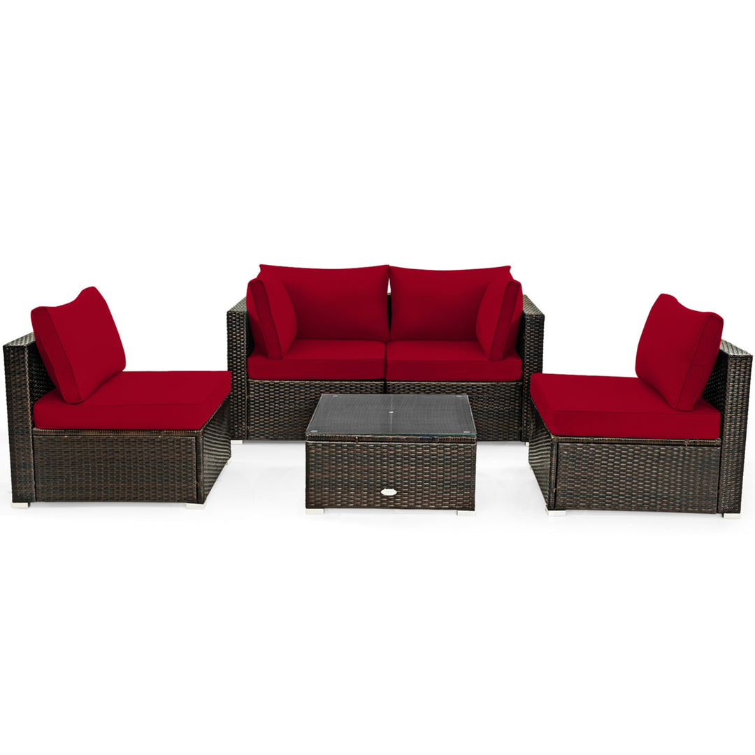 5PCS Rattan Patio Conversation Set Sofa Furniture Set w/ Red Cushions Image 2