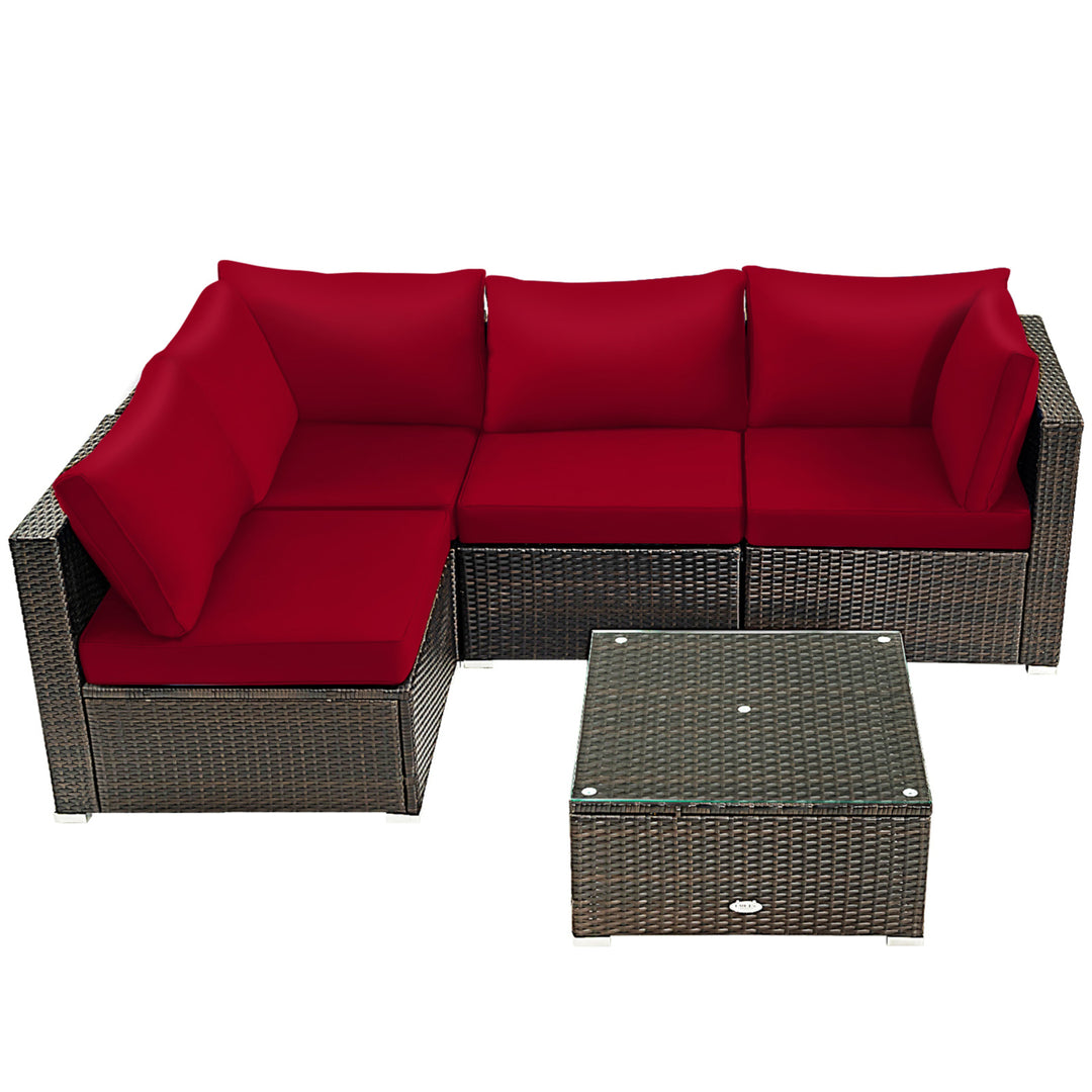 5PCS Rattan Patio Conversation Set Sofa Furniture Set w/ Red Cushions Image 10