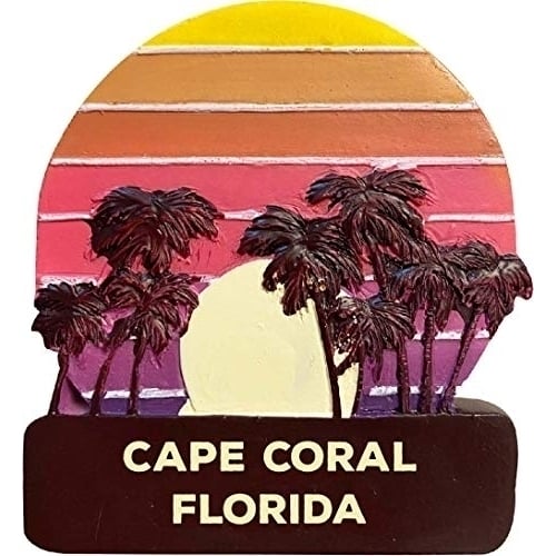 Cape Coral Florida Trendy Souvenir Hand Painted Resin Refrigerator Magnet Sunset and Palm Trees Design 3-Inch Image 1