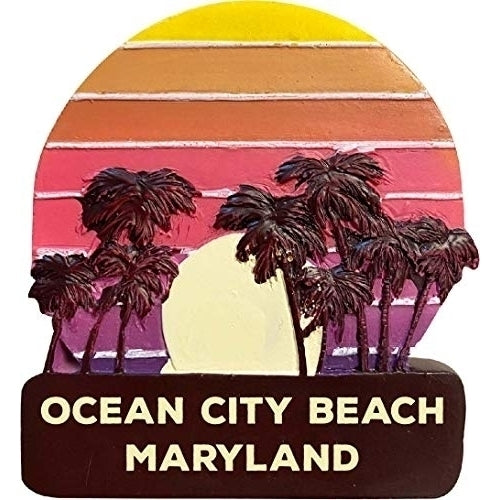 Ocean City Beach Maryland Trendy Souvenir Hand Painted Resin Refrigerator Magnet Sunset and Palm Trees Design 3-Inch Image 1