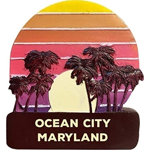 Ocean City Maryland Trendy Souvenir Hand Painted Resin Refrigerator Magnet Sunset and Palm Trees Design 3-Inch Image 1