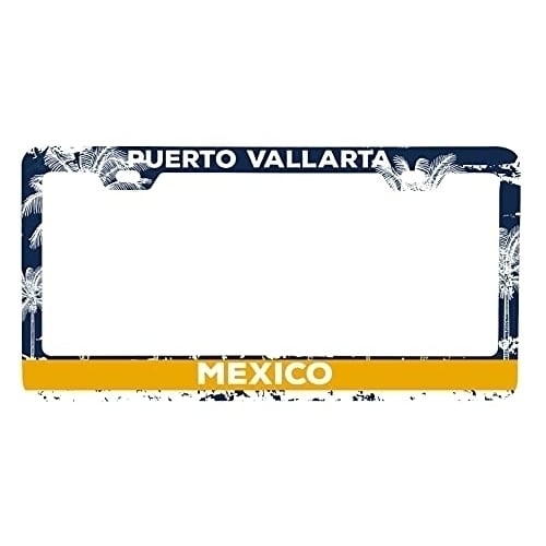 Puerto Vallarta Mexico Metal License Plate Frame Distressed Palm Design Image 1