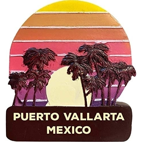 Puerto Vallarta Mexico Trendy Souvenir Hand Painted Resin Refrigerator Magnet Sunset and Palm Trees Design 3-Inch Image 1
