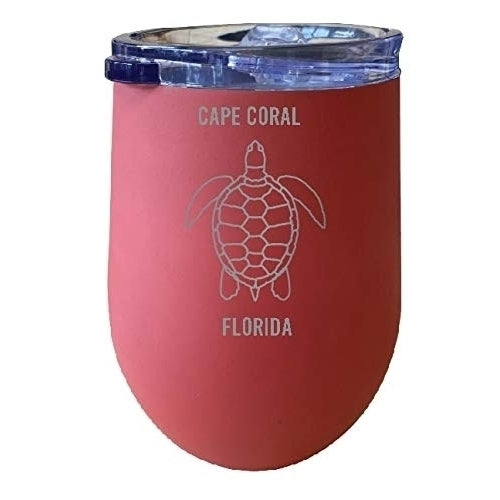 R and R Imports Cape Coral Florida Souvenir 12 oz Coral Laser Etched Insulated Wine Stainless Steel Turtle Design Image 1