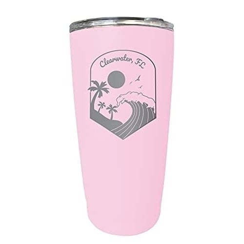 R and R Imports Clearwater Florida Etched 16 oz Stainless Steel Tumbler Wave design Pink Pink. Image 1