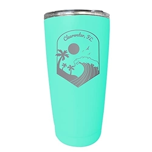 R and R Imports Clearwater Florida Etched 16 oz Stainless Steel Tumbler Wave design Seafoam. Image 1