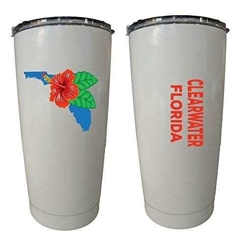 R and R Imports Clearwater Florida 20 oz Insulated Stainless Steel Tumbler Hibiscus Flower Design White. Image 1