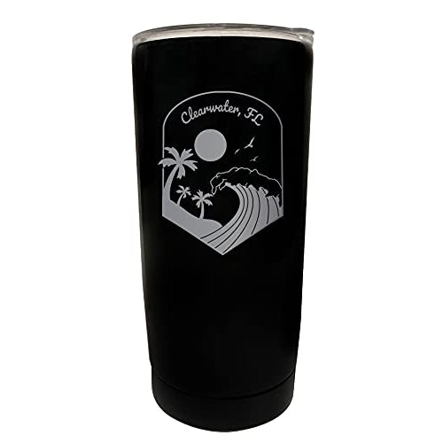 R and R Imports Clearwater Florida Etched 16 oz Stainless Steel Tumbler Wave design Black. Image 1
