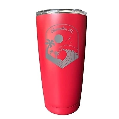 R and R Imports Clearwater Florida Etched 16 oz Stainless Steel Tumbler Wave design Red. Image 1