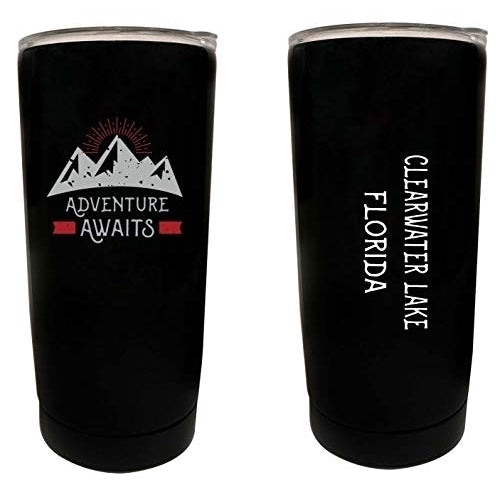 R and R Imports Clearwater Lake Florida Souvenir 16 oz Stainless Steel Insulated Tumbler Adventure Awaits Design Black. Image 1