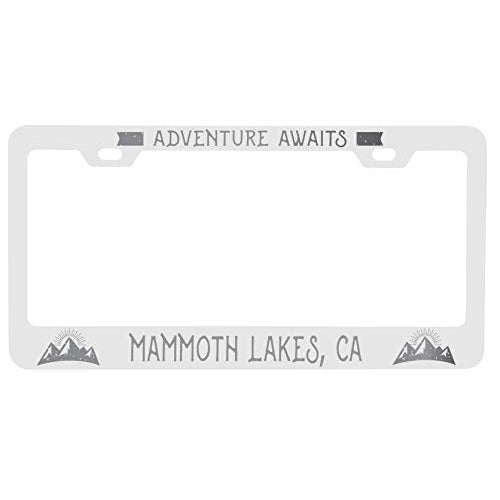 R and R Imports Mammoth Lakes California Laser Engraved Metal License Plate Frame Adventures Awaits Design Image 1