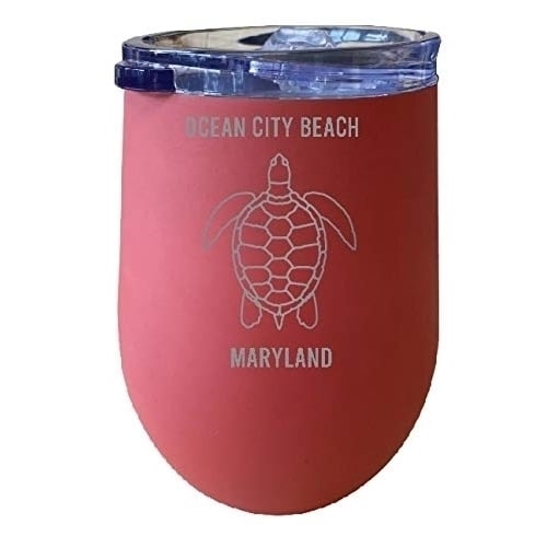 R and R Imports Ocean City Beach Maryland Souvenir 12 oz Coral Laser Etched Insulated Wine Stainless Steel Turtle Design Image 1