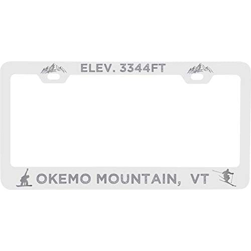 R and R Imports Okemo Mountain Vermont Etched Metal License Plate Frame White Image 1