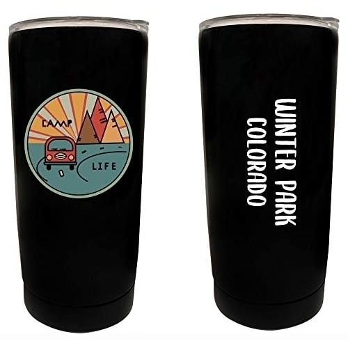 R and R Imports Winter Park Colorado Souvenir 16 oz Stainless Steel Insulated Tumbler Camp Life Design Black. Image 1