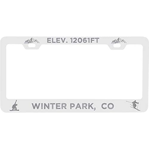 R and R Imports Winter Park Colorado Etched Metal License Plate Frame White Image 1