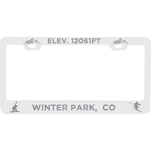 R and R Imports Winter Park Colorado Etched Metal License Plate Frame White Image 1