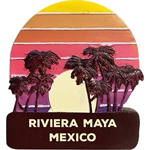 Riviera Maya Mexico Trendy Souvenir Hand Painted Resin Refrigerator Magnet Sunset and Palm Trees Design 3-Inch Image 1