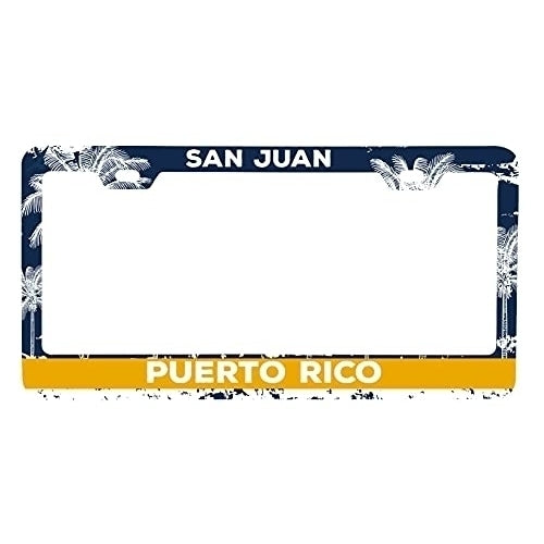 San Juan Puerto Rico Metal License Plate Frame Distressed Palm Design Image 1