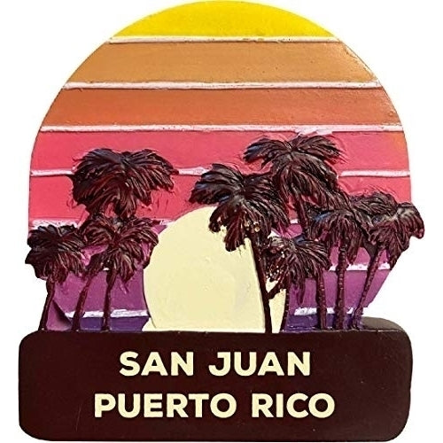 San Juan Puerto Rico Trendy Souvenir Hand Painted Resin Refrigerator Magnet Sunset and Palm Trees Design 3-Inch Image 1