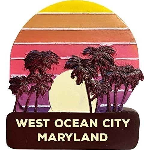 West Ocean City Maryland Trendy Souvenir Hand Painted Resin Refrigerator Magnet Sunset and Palm Trees Design 3-Inch Image 1