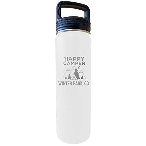 Winter Park Colorado Happy Camper 32 Oz Engraved White Insulated Double Wall Stainless Steel Water Bottle Tumbler Image 1