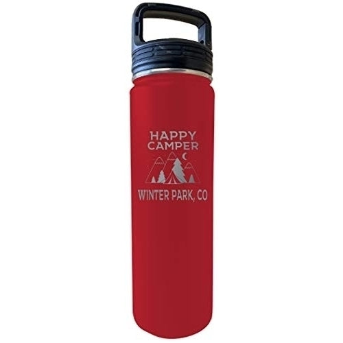 Winter Park Colorado Happy Camper 32 Oz Engraved Red Insulated Double Wall Stainless Steel Water Bottle Tumbler Image 1