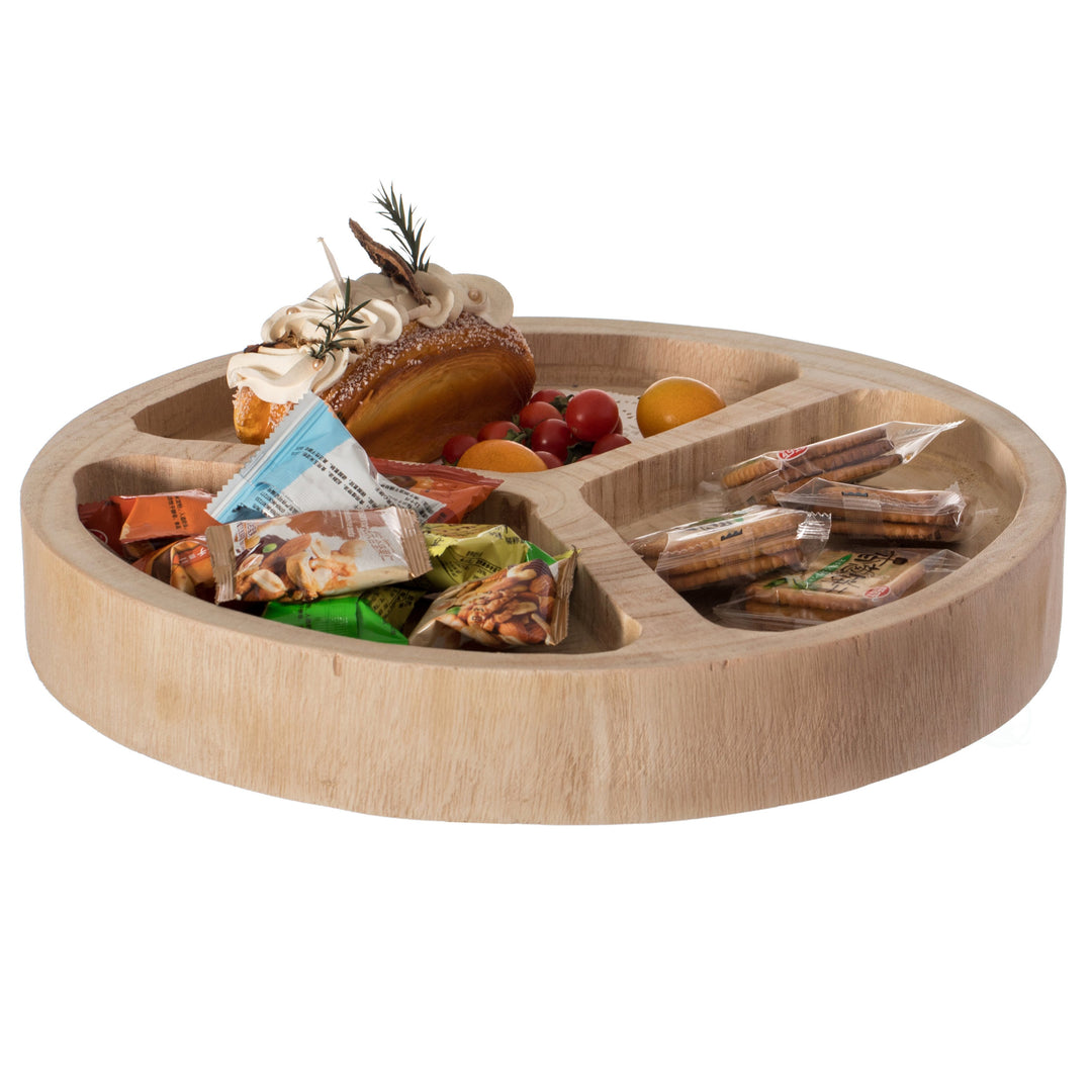 3 Sectional Round Snack Tray Natural Wood 15.75" Rustic Kitchen Dining Decor Image 1