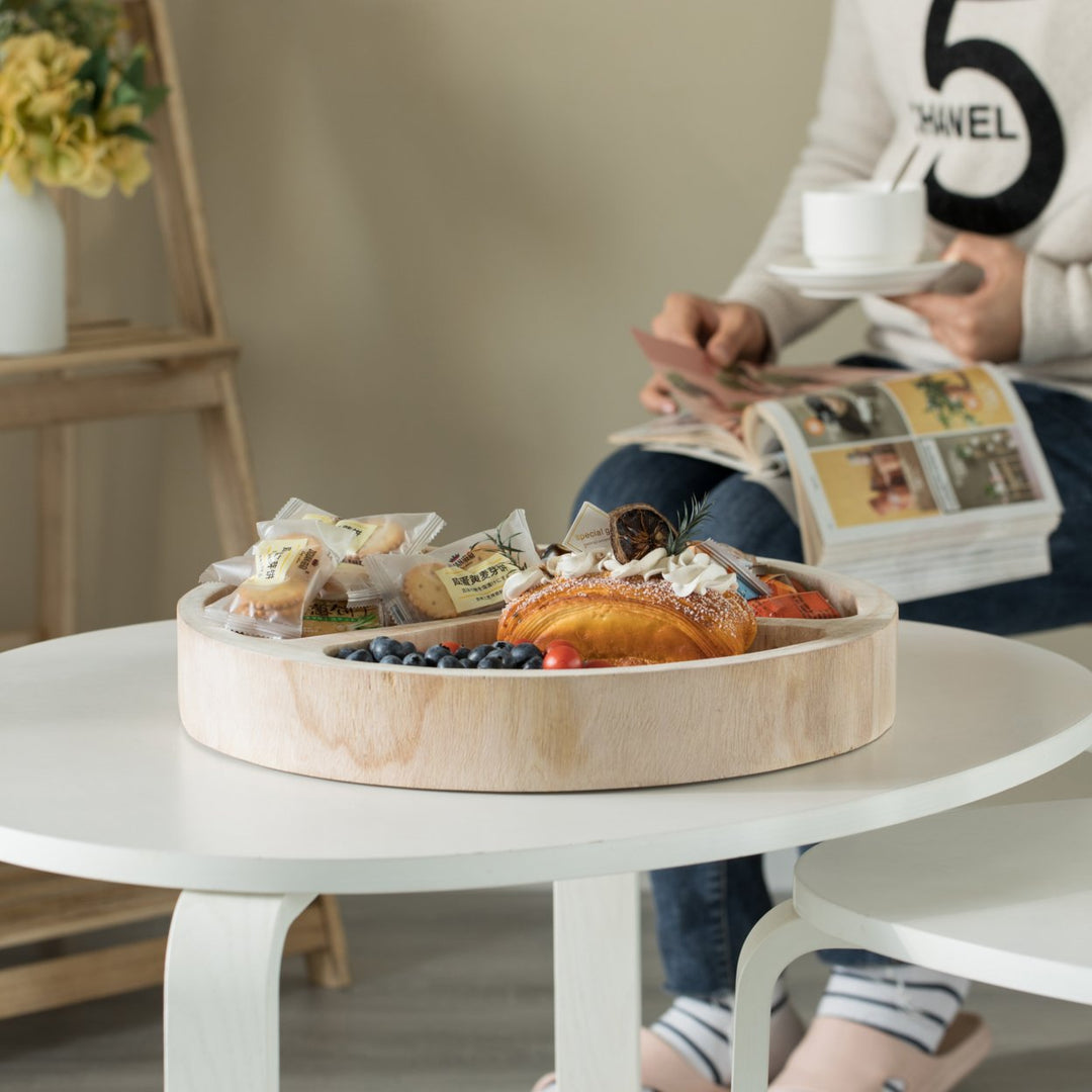 3 Sectional Round Snack Tray Natural Wood 15.75" Rustic Kitchen Dining Decor Image 6