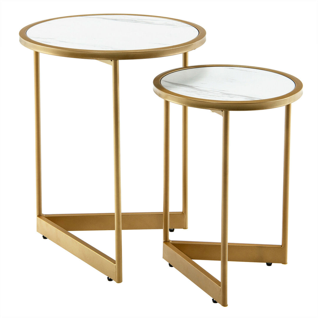 Round Nesting Table Set of 2 Modern Side End Table Space-saving V-shaped Base Image 1