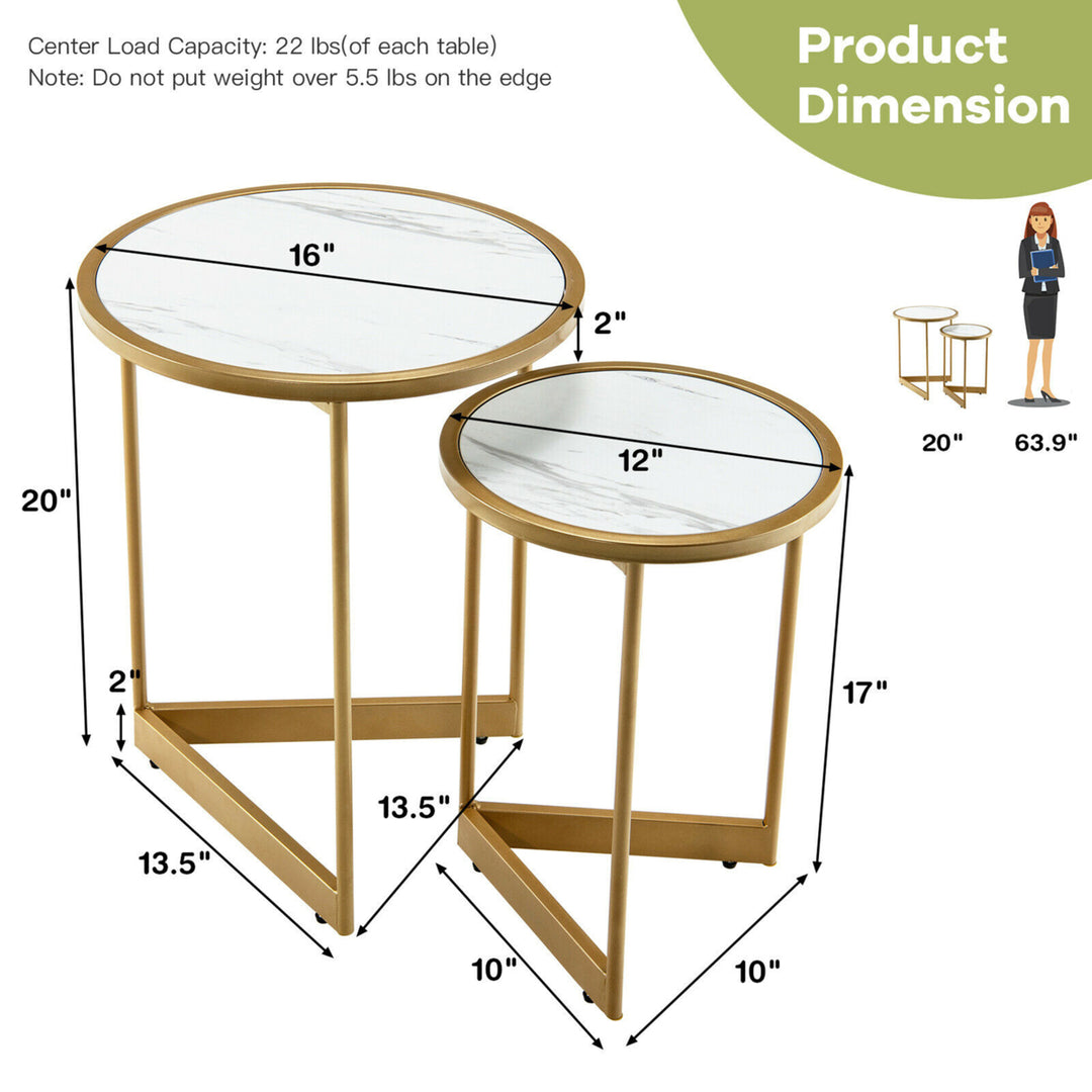 Round Nesting Table Set of 2 Modern Side End Table Space-saving V-shaped Base Image 2