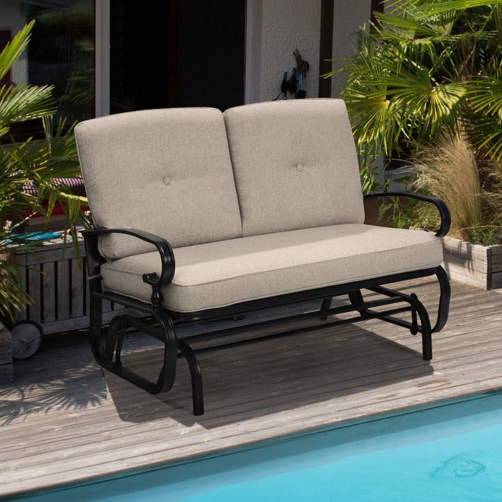 Patio Swing Glider Chair Rocking Loveseat Bench for 2 Persons w/ Beige Cushions Image 1