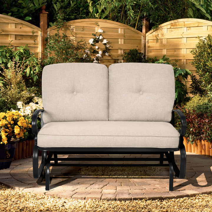 Patio Swing Glider Chair Rocking Loveseat Bench for 2 Persons w/ Beige Cushions Image 3