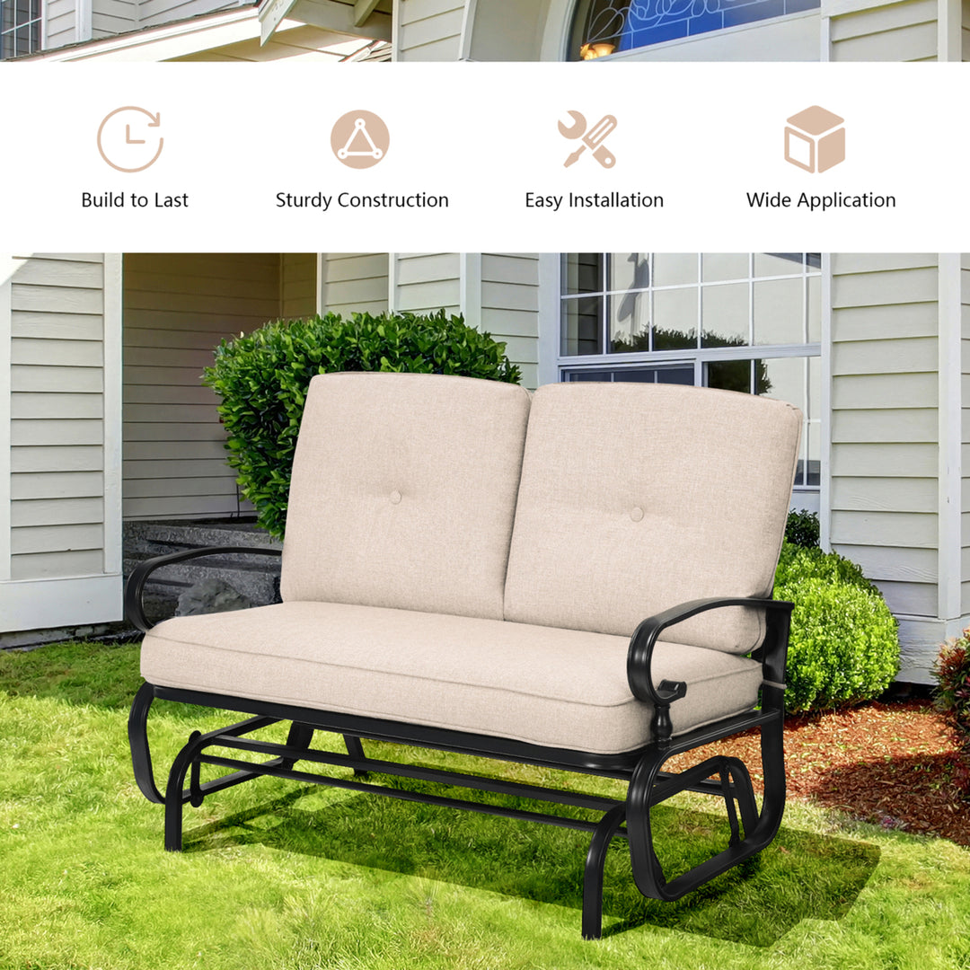 Patio Swing Glider Chair Rocking Loveseat Bench for 2 Persons w/ Beige Cushions Image 4