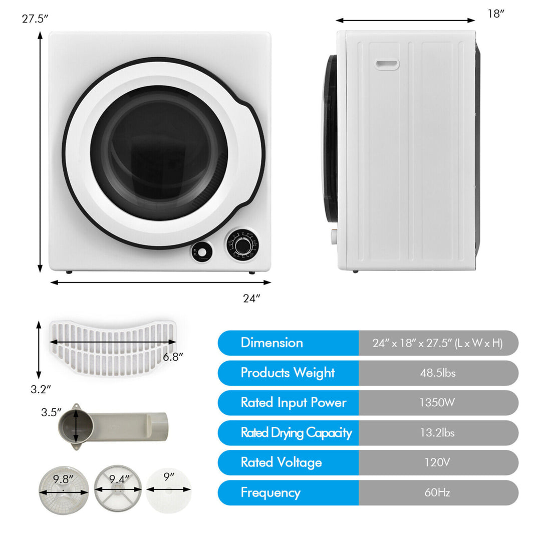 13.2 lbs Electric Tumble Compact Laundry Dryer Stainless Steel Tub 1350 W Image 2