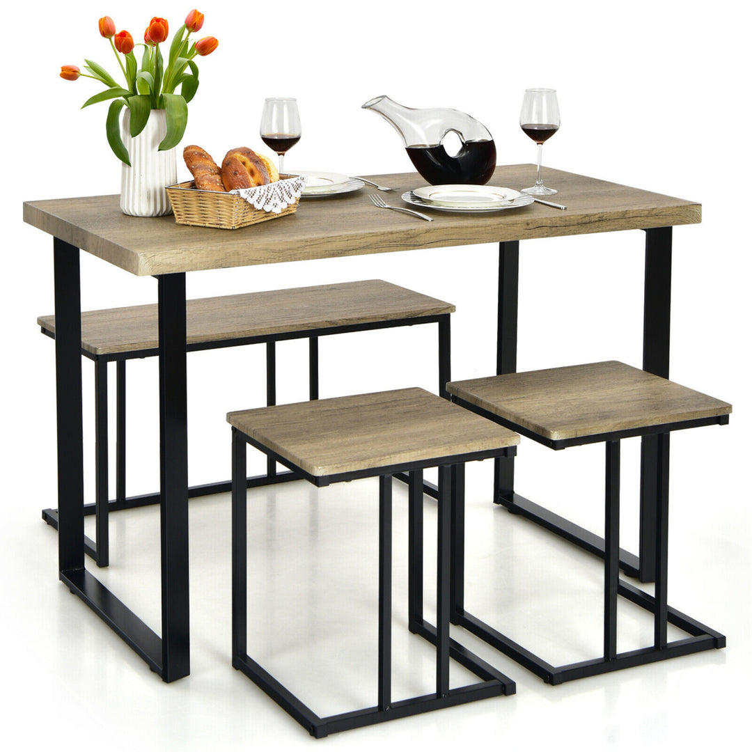 4-Piece Dining Table Set Industrial Dinette Set Kitchen Table w/Bench and 2 Stools Image 1