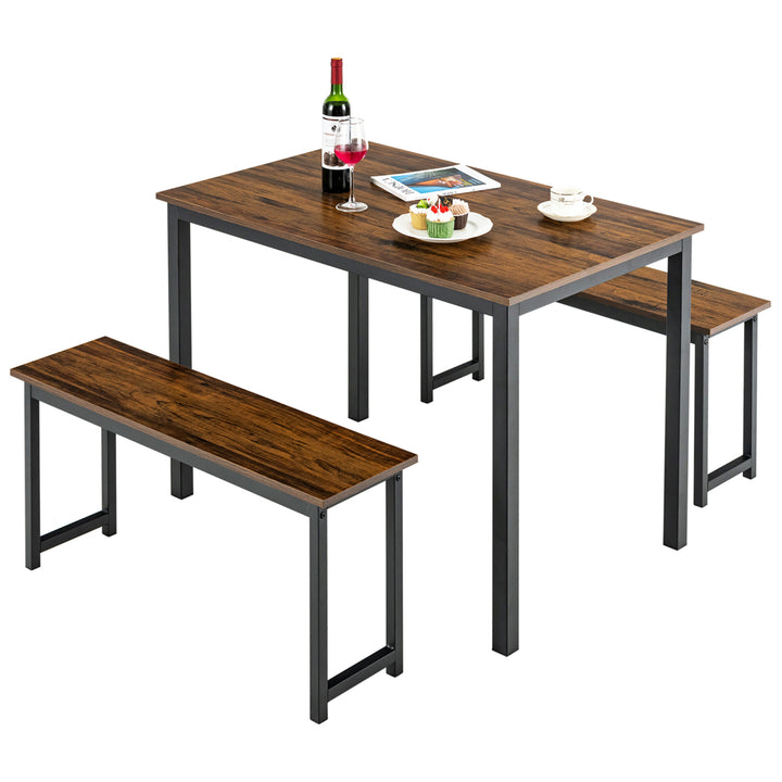 Modern 3 PCS Dining Table Bench Set w/ Metal Frame and Wooden Tabletop Image 1