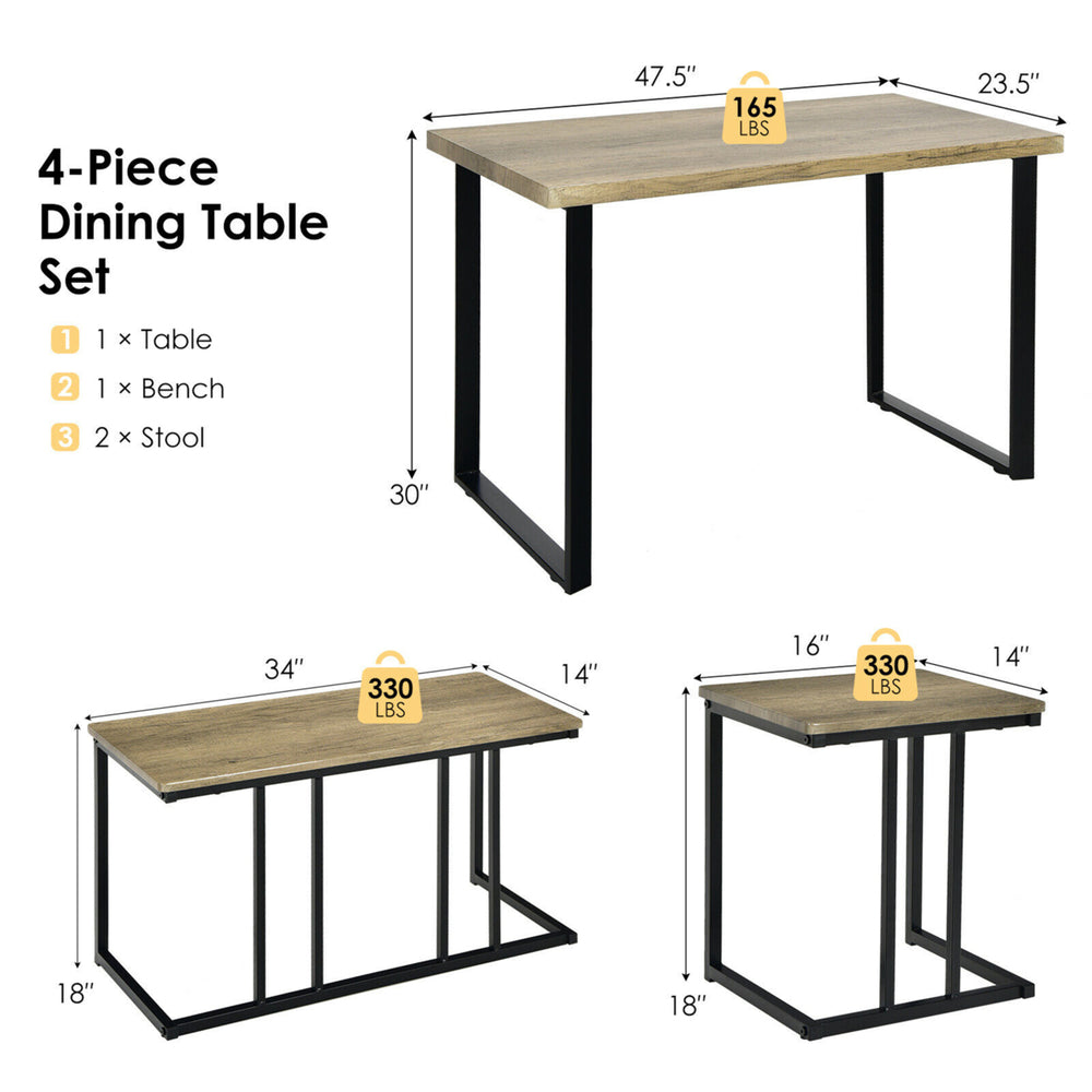 4-Piece Dining Table Set Industrial Dinette Set Kitchen Table w/Bench and 2 Stools Image 2