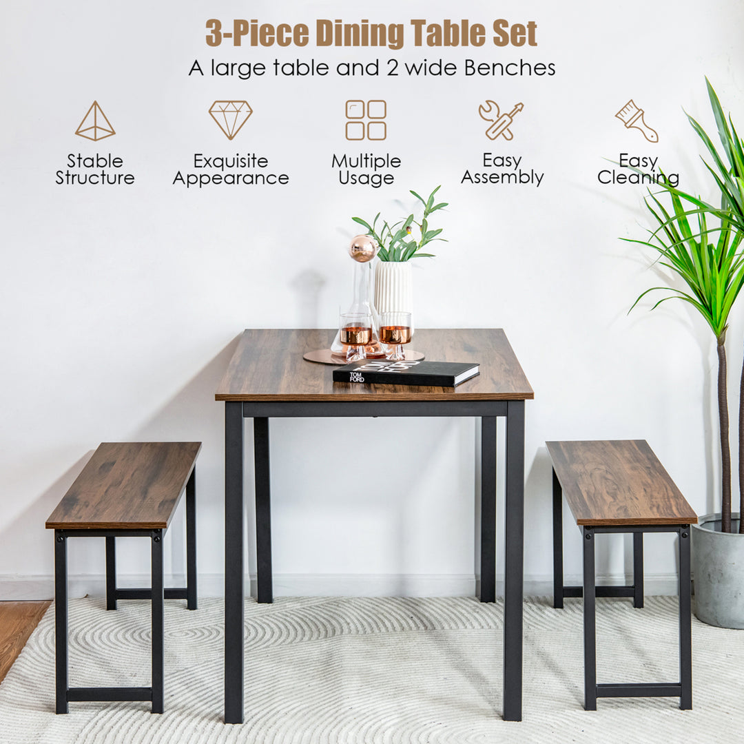 Modern 3 PCS Dining Table Bench Set w/ Metal Frame and Wooden Tabletop Image 2