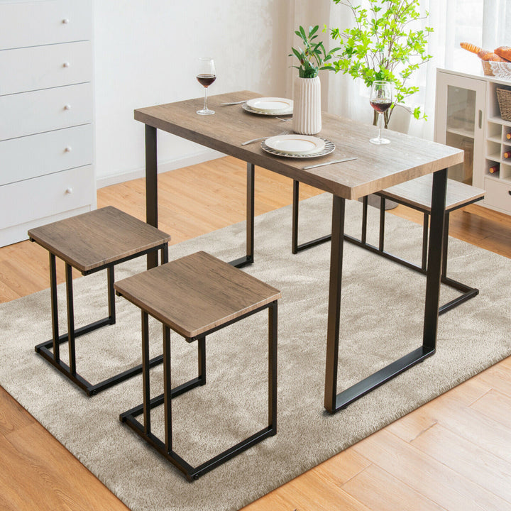 4-Piece Dining Table Set Industrial Dinette Set Kitchen Table w/Bench and 2 Stools Image 3