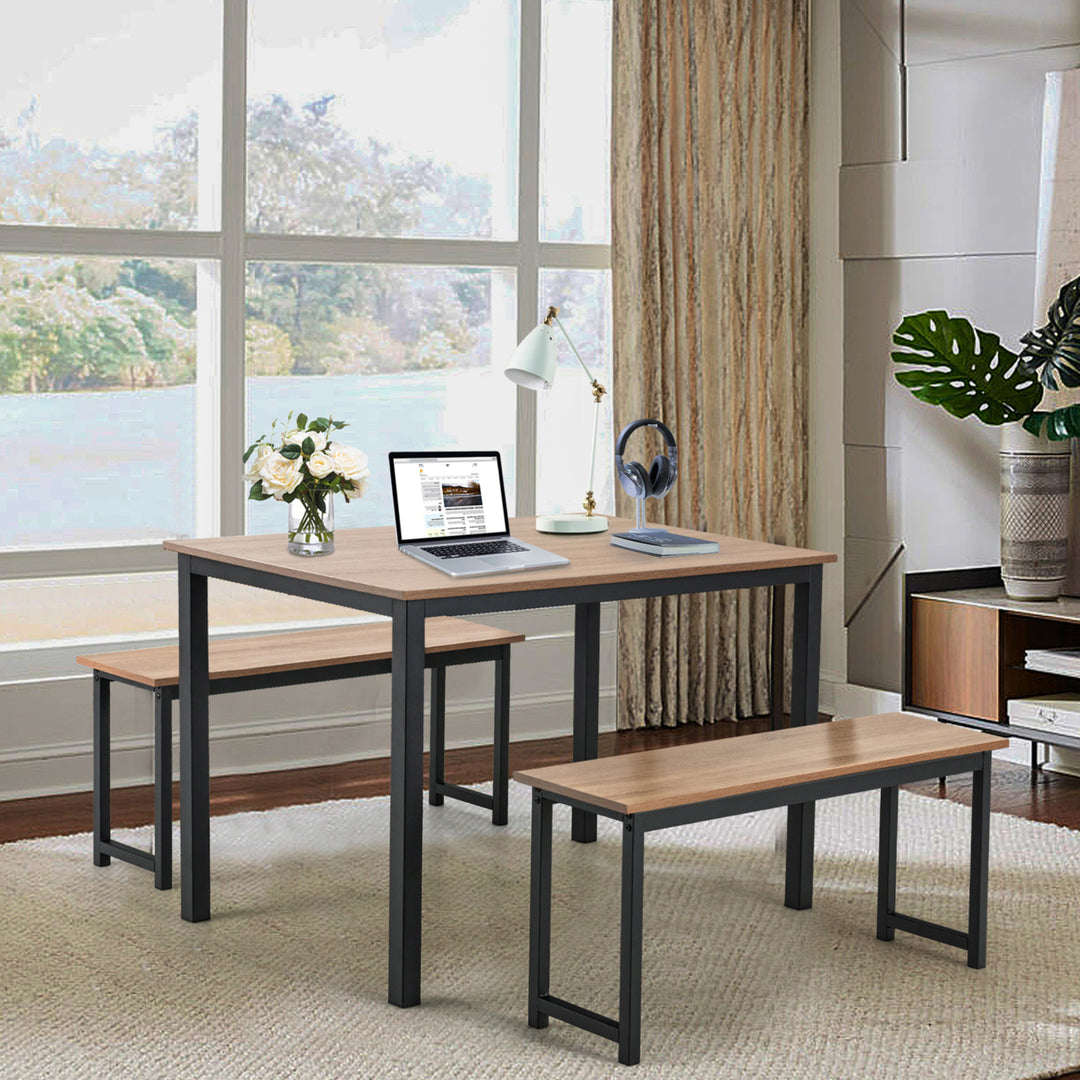 Modern 3 PCS Dining Table Bench Set w/ Metal Frame and Wooden Tabletop Image 3