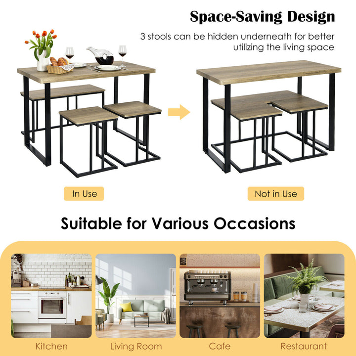 4-Piece Dining Table Set Industrial Dinette Set Kitchen Table w/Bench and 2 Stools Image 6